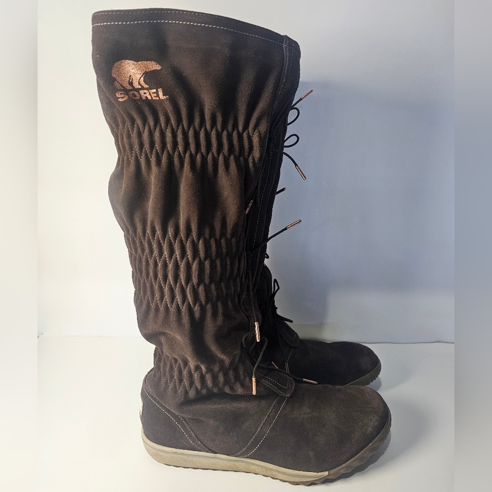 Sorel Firenzy Brown Suede Leather Winter Slouchy Calf Boots Size 7 Laces Detail